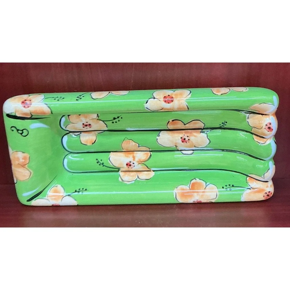 C.A. Hand Painted Ceramic Dish Set of 4 Floral Raised Ridge Trays Multi Color